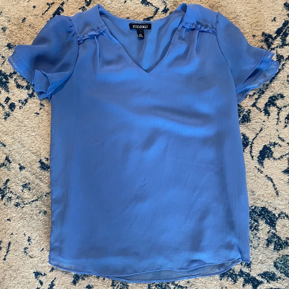Short Sleeve Blue Flutter Sleeve Blouse